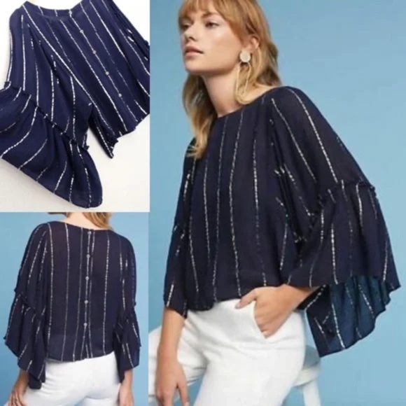 Anthropologie Floreat Women Emelyn Blouse Flutter Sleeve Top Silver Stripe Navy - Picture 1 of 8